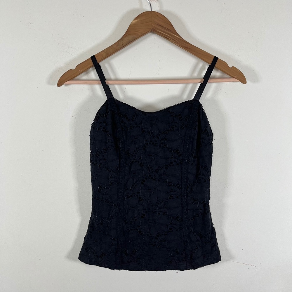 Vintage Y2K INC International Concepts Floral Eyelet Lace Black Fitted Cami Top